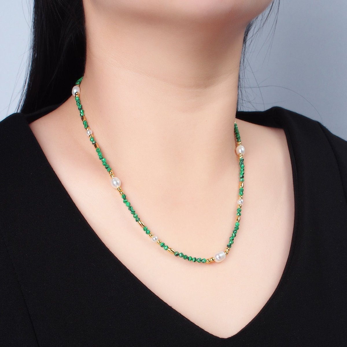 Handmade Green Malachite Beaded Chain Necklace with Freshwater Pearl 17.91 Inch with Extender | WA-A2587
