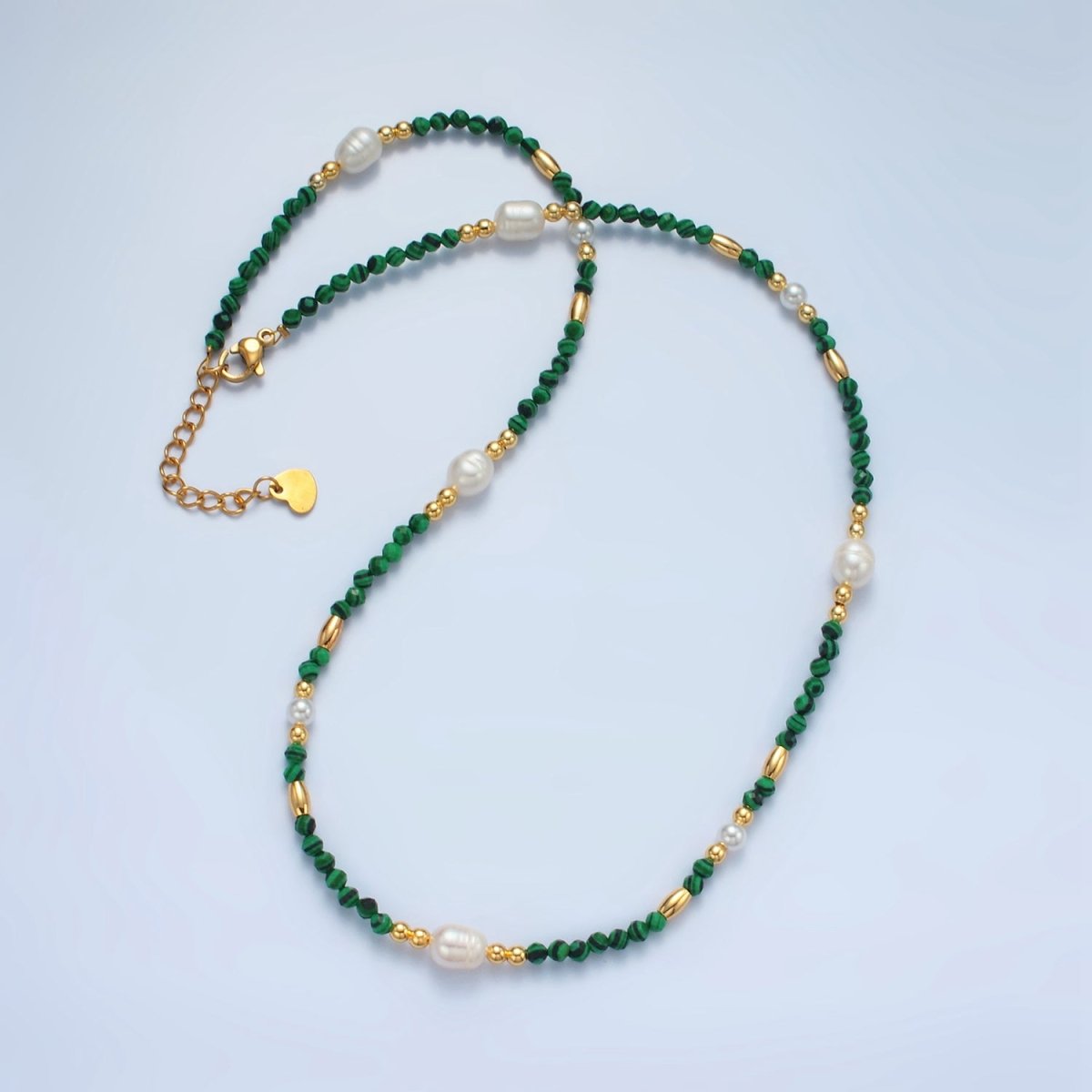 Handmade Green Malachite Beaded Chain Necklace with Freshwater Pearl 17.91 Inch with Extender | WA-A2587