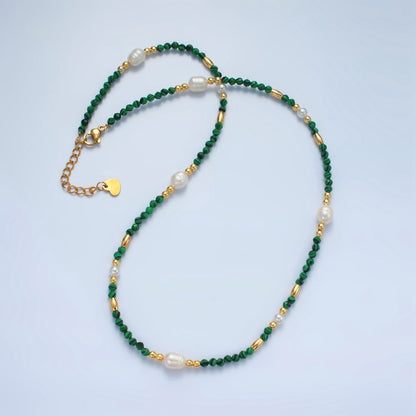 Handmade Green Malachite Beaded Chain Necklace with Freshwater Pearl 17.91 Inch with Extender | WA-A2587