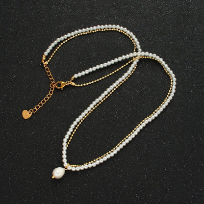 Handmade Imitation Pearl Beaded Chain Necklace with Freshwater Pearl Charm 16.73 Inch with Extender | WA2578
