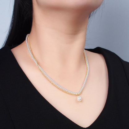 Handmade Imitation Pearl Beaded Chain Necklace with Freshwater Pearl Charm 16.73 Inch with Extender | WA2578