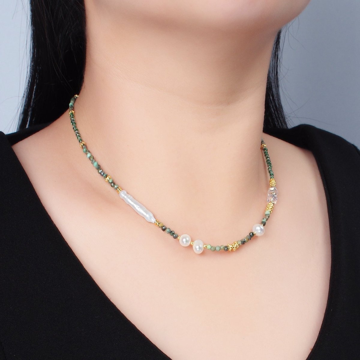 Handmade Multi Color Beaded Chain Necklace with Fresh Water Pearl 15.35 inch | WA2565