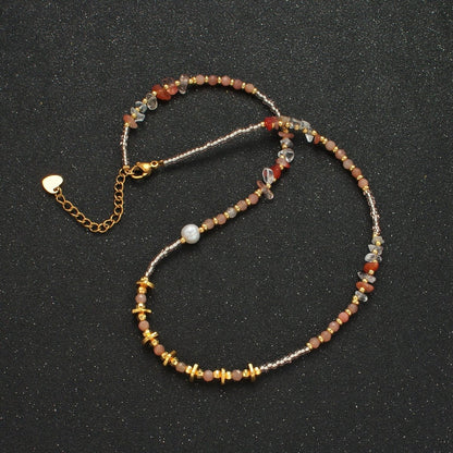 Handmade Pink Rose Quartz Beaded Chain Necklace with Freshwater Pearl 15.35 Inch with Extender | WA2570