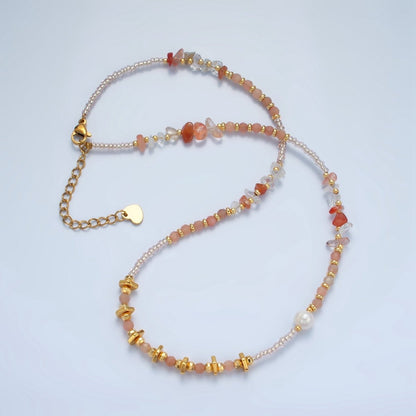 Handmade Pink Rose Quartz Beaded Chain Necklace with Freshwater Pearl 15.35 Inch with Extender | WA2570