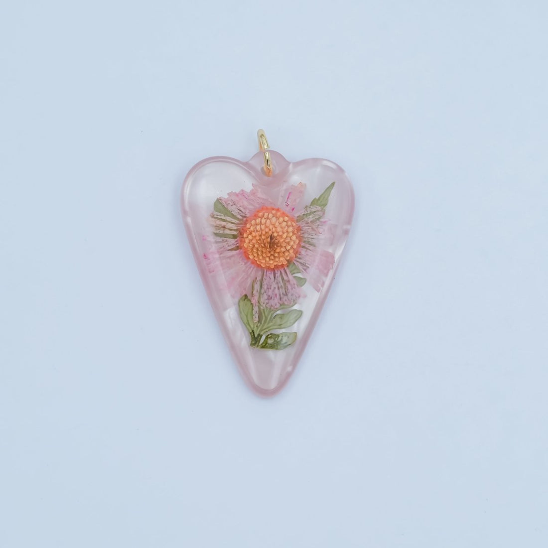 Handmade Pressed Pink Flower Heart Resin Charm | N065