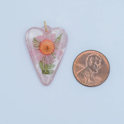 Handmade Pressed Pink Flower Heart Resin Charm | N065