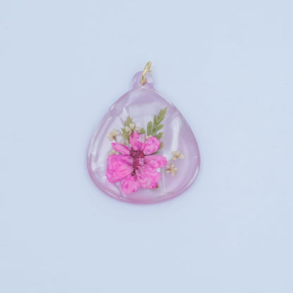 Handmade Pressed Pink Hibiscus Flower Teardrop Resin Charm | N061