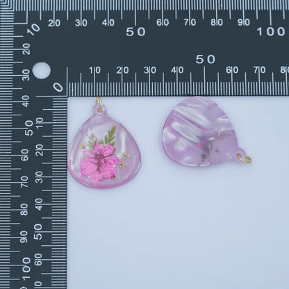 Handmade Pressed Pink Hibiscus Flower Teardrop Resin Charm | N061