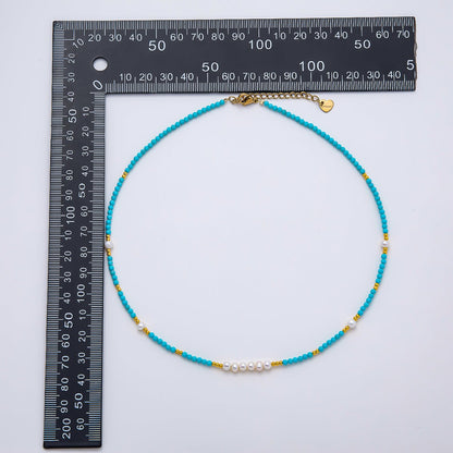 Handmade Stainless Steel 2.5mm Blue Turquoise Shell Pearl Bead Gemstone Chain 16 Inch Necklace | WA-04654