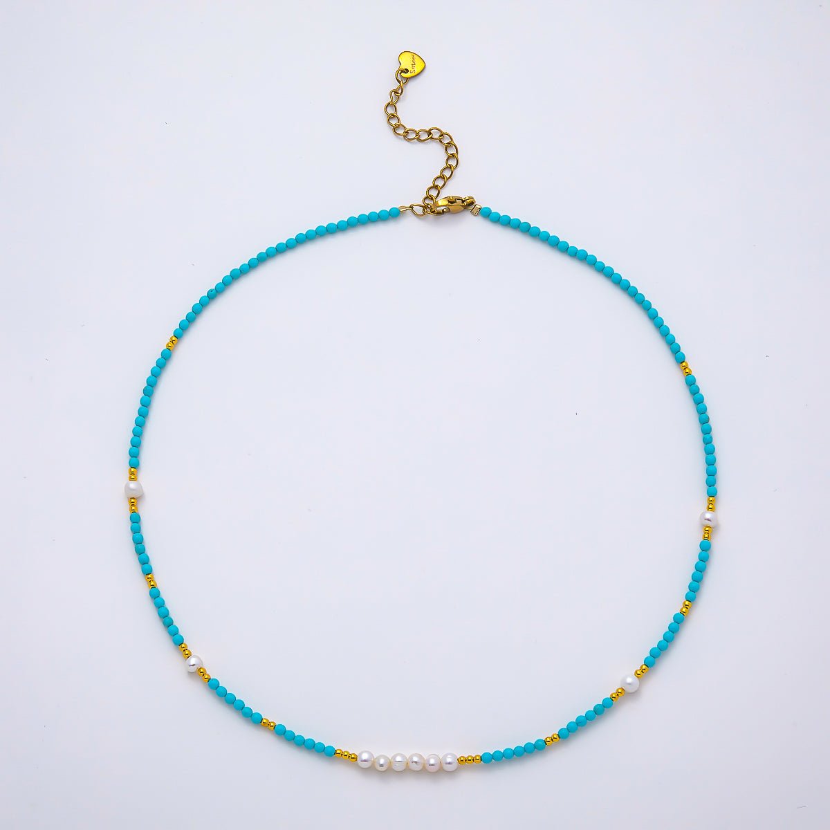 Handmade Stainless Steel 2.5mm Blue Turquoise Shell Pearl Bead Gemstone Chain 16 Inch Necklace | WA-04654