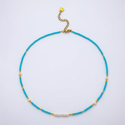 Handmade Stainless Steel 2.5mm Blue Turquoise Shell Pearl Bead Gemstone Chain 16 Inch Necklace | WA-04654