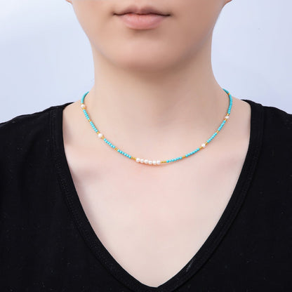 Handmade Stainless Steel 2.5mm Blue Turquoise Shell Pearl Bead Gemstone Chain 16 Inch Necklace | WA-04654