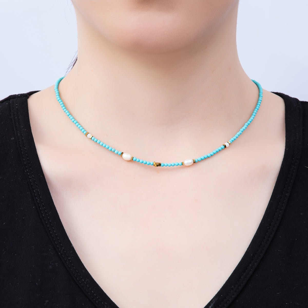 Handmade Stainless Steel 2.5mm Shell Pearl Turquoise Gemstone Chain 16 Inch Necklace | WA-04651