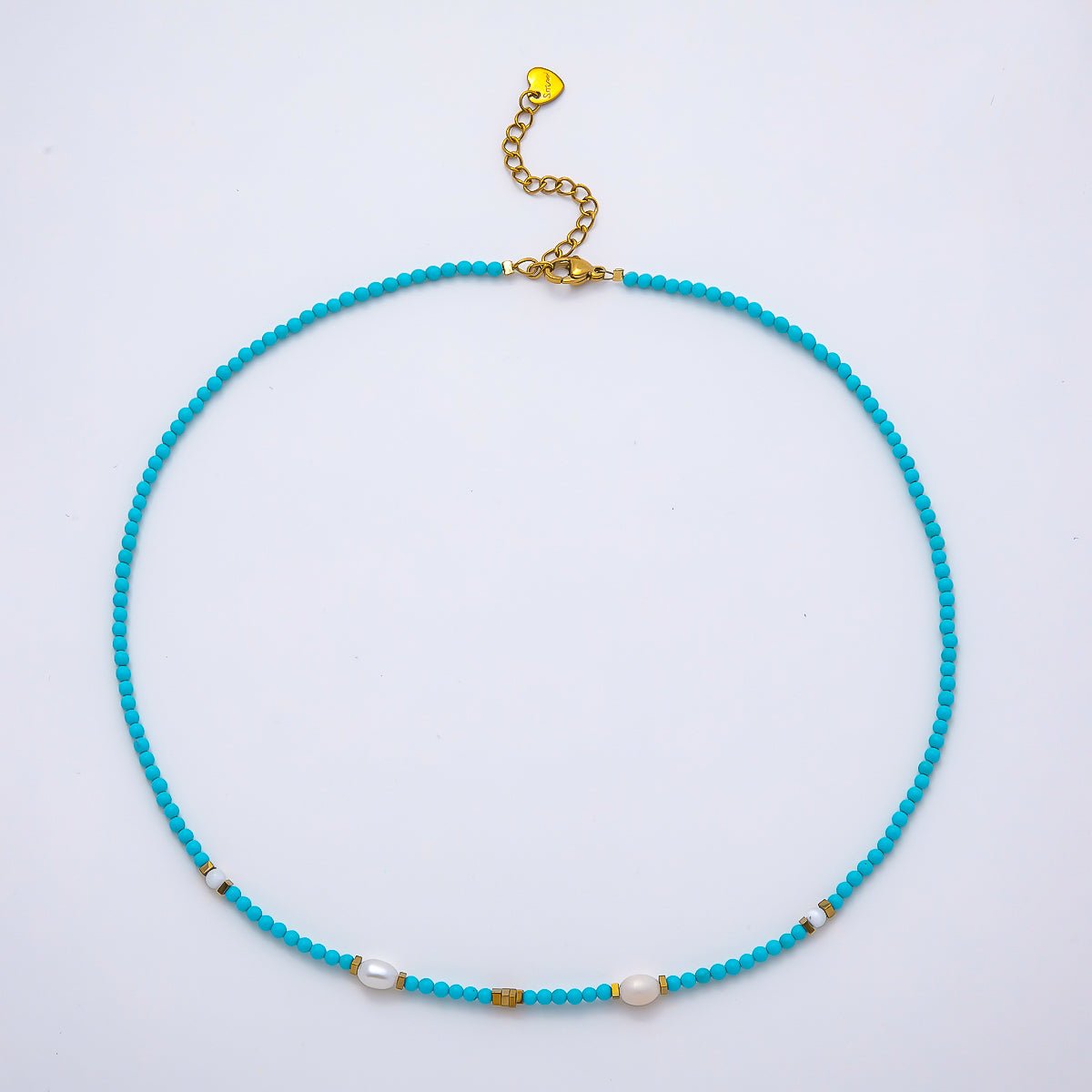 Handmade Stainless Steel 2.5mm Shell Pearl Turquoise Gemstone Chain 16 Inch Necklace | WA-04651