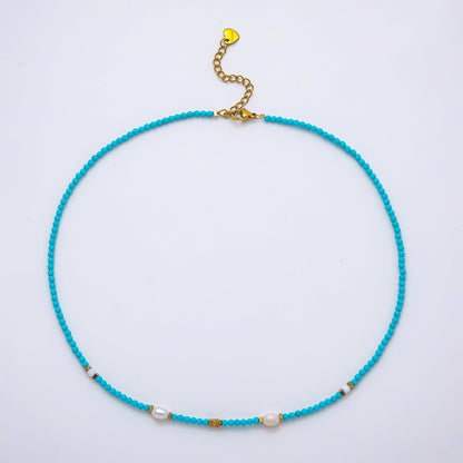 Handmade Stainless Steel 2.5mm Shell Pearl Turquoise Gemstone Chain 16 Inch Necklace | WA-04651