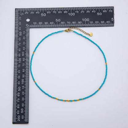 Handmade Stainless Steel 2mm Blue Turquoise Bead Multifaceted Gemstone Chain 15.5 Inch Necklace | WA-04652