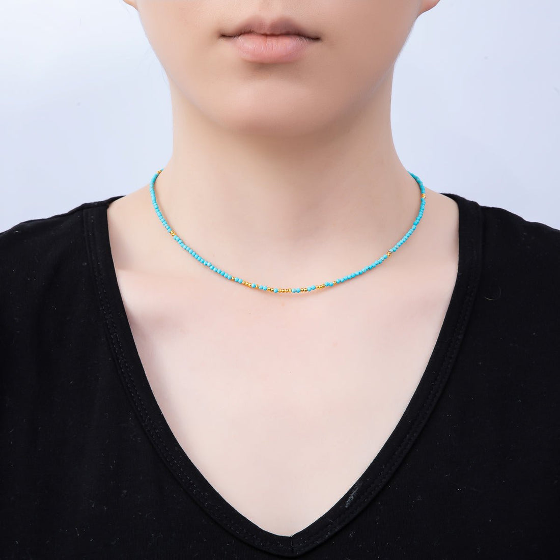 Handmade Stainless Steel 2mm Blue Turquoise Bead Multifaceted Gemstone Chain 15.5 Inch Necklace | WA-04652