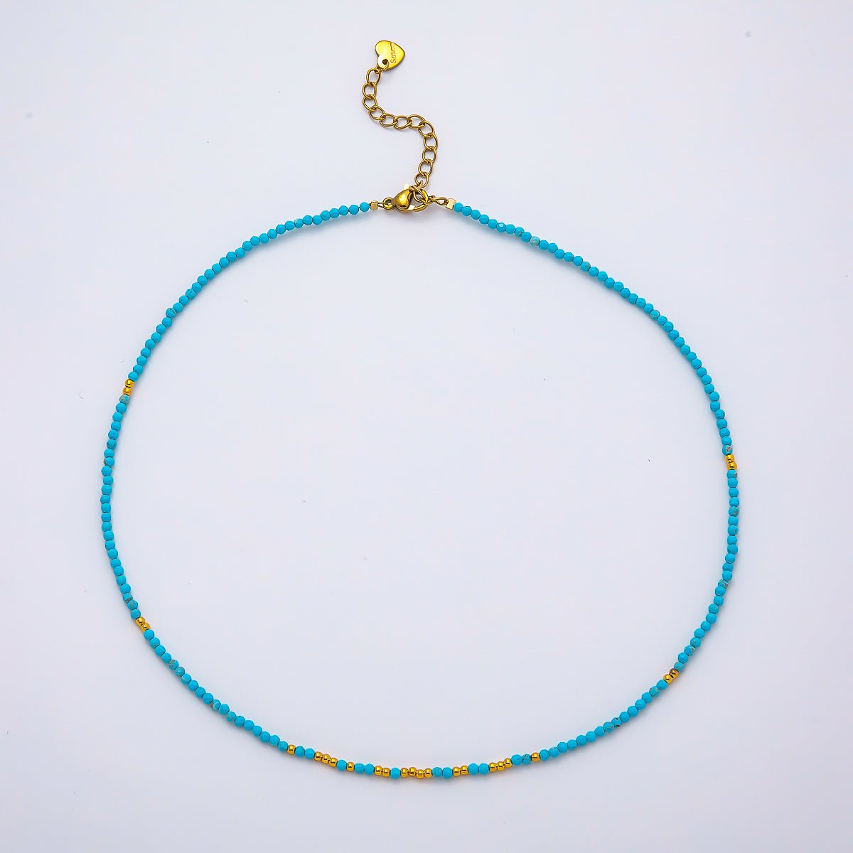 Handmade Stainless Steel 2mm Blue Turquoise Bead Multifaceted Gemstone Chain 15.5 Inch Necklace | WA-04652