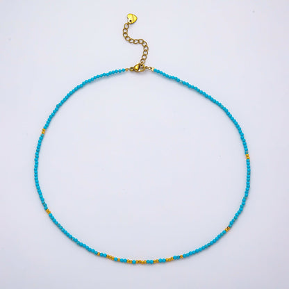 Handmade Stainless Steel 2mm Blue Turquoise Bead Multifaceted Gemstone Chain 15.5 Inch Necklace | WA-04652