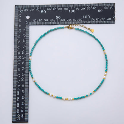 Handmade Stainless Steel 2mm Blue Turquoise Shell Pearl Gemstone Chain 16 Inch Necklace | WA-04650