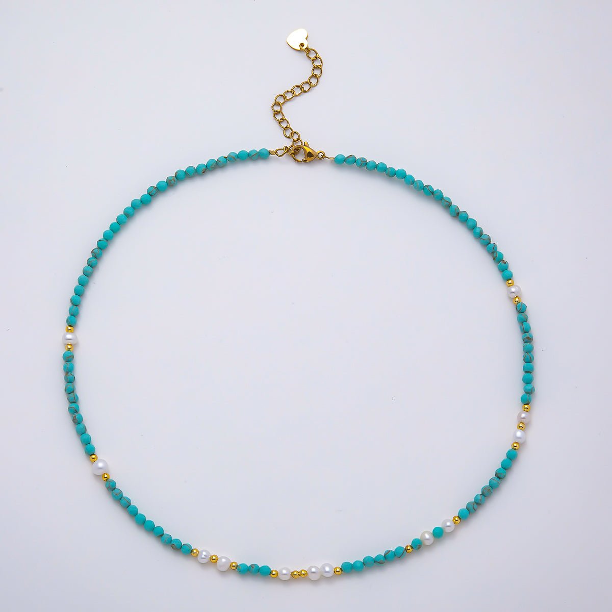 Handmade Stainless Steel 2mm Blue Turquoise Shell Pearl Gemstone Chain 16 Inch Necklace | WA-04650
