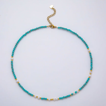 Handmade Stainless Steel 2mm Blue Turquoise Shell Pearl Gemstone Chain 16 Inch Necklace | WA-04650
