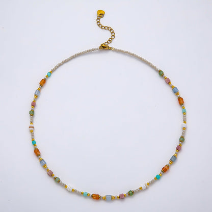 Handmade Stainless Steel 2mm Earth Tone Agate Gemstone Chain 16 Inch Necklace | WA-04641