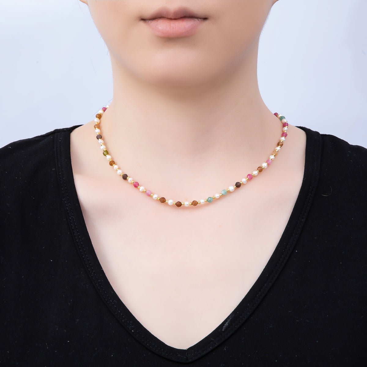 Handmade Stainless Steel 2mm Multifaceted Multicolor Gemstone Chain 16 Inch Necklace | WA-04642