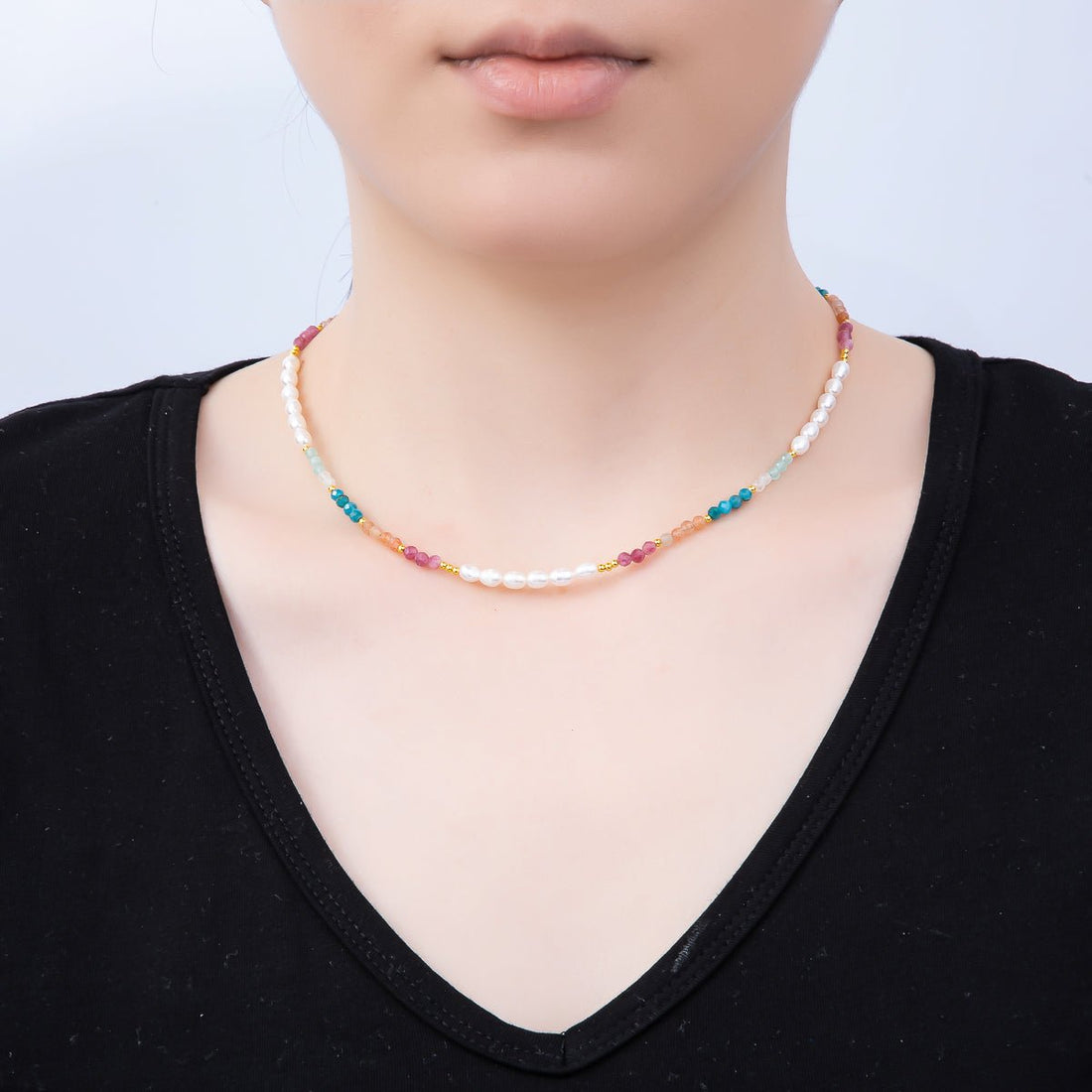 Handmade Stainless Steel 2mm Shell Pearl Multicolor Gemstone Chain 16 Inch Necklace | WA-04646