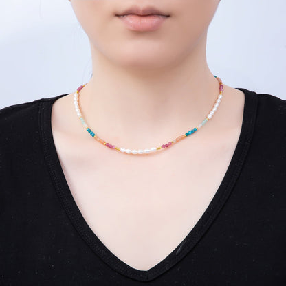Handmade Stainless Steel 2mm Shell Pearl Multicolor Gemstone Chain 16 Inch Necklace | WA-04646