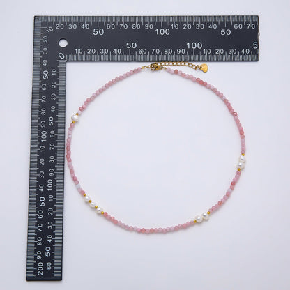 Handmade Stainless Steel 2mm Shell Pearl Rose Quartz Gemstone Chain 16 Inch Necklace | WA-04643