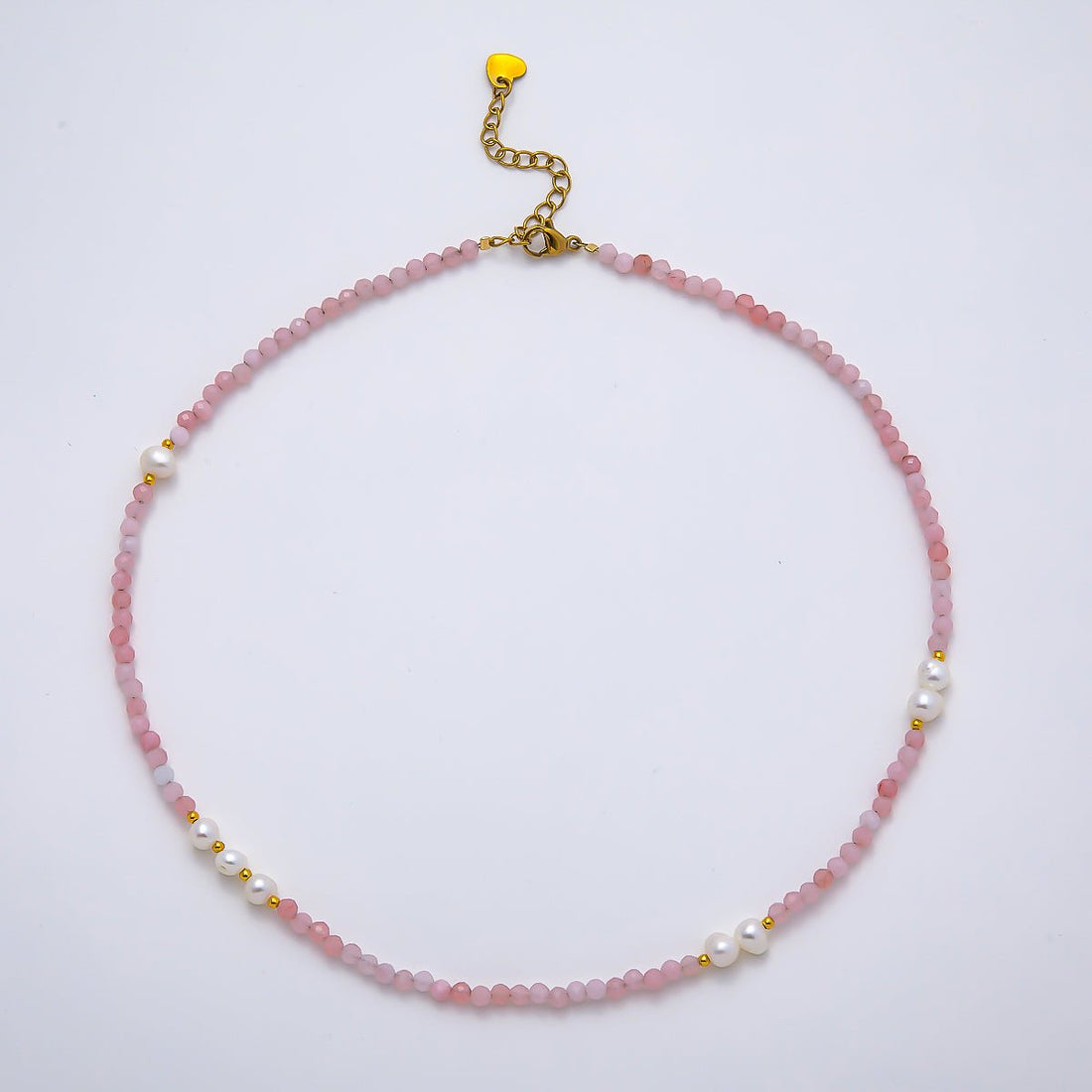 Handmade Stainless Steel 2mm Shell Pearl Rose Quartz Gemstone Chain 16 Inch Necklace | WA-04643