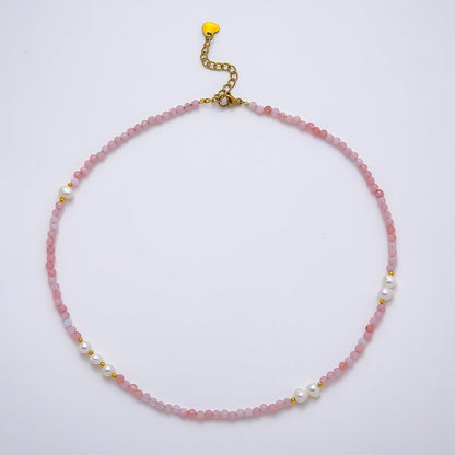 Handmade Stainless Steel 2mm Shell Pearl Rose Quartz Gemstone Chain 16 Inch Necklace | WA-04643