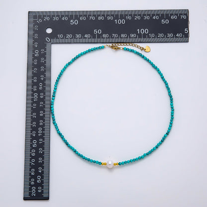 Handmade Stainless Steel 3mm Shell Pearl Blue Turquoise Gemstone Chain 15.5 Inch Necklace | WA-04644