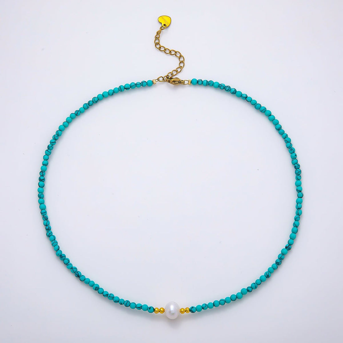 Handmade Stainless Steel 3mm Shell Pearl Blue Turquoise Gemstone Chain 15.5 Inch Necklace | WA-04644