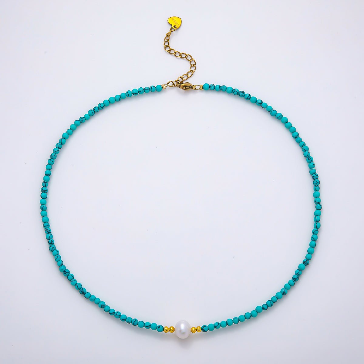 Handmade Stainless Steel 3mm Shell Pearl Blue Turquoise Gemstone Chain 15.5 Inch Necklace | WA-04644