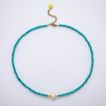 Handmade Stainless Steel 3mm Shell Pearl Blue Turquoise Gemstone Chain 15.5 Inch Necklace | WA-04644