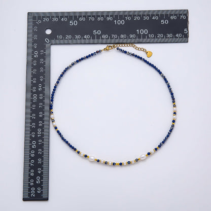Handmade Stainless Steel 3mm Shell Pearl Lapis Lazuli Gemstone Chain 16 Inch Necklace | WA-04649