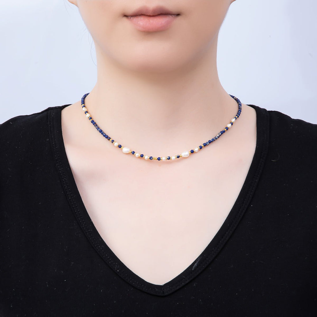 Handmade Stainless Steel 3mm Shell Pearl Lapis Lazuli Gemstone Chain 16 Inch Necklace | WA-04649