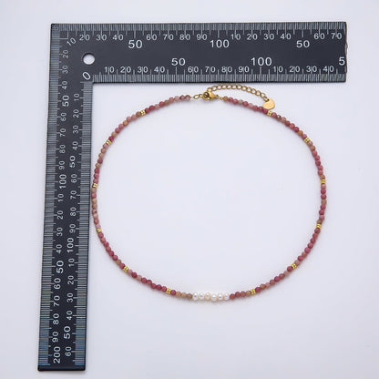 Handmade Stainless Steel 3mm Shell Pearl Rose Quartz Gemstone Chain 15.5 Inch Necklace | WA-04653