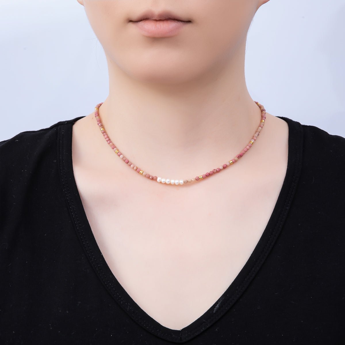Handmade Stainless Steel 3mm Shell Pearl Rose Quartz Gemstone Chain 15.5 Inch Necklace | WA-04653