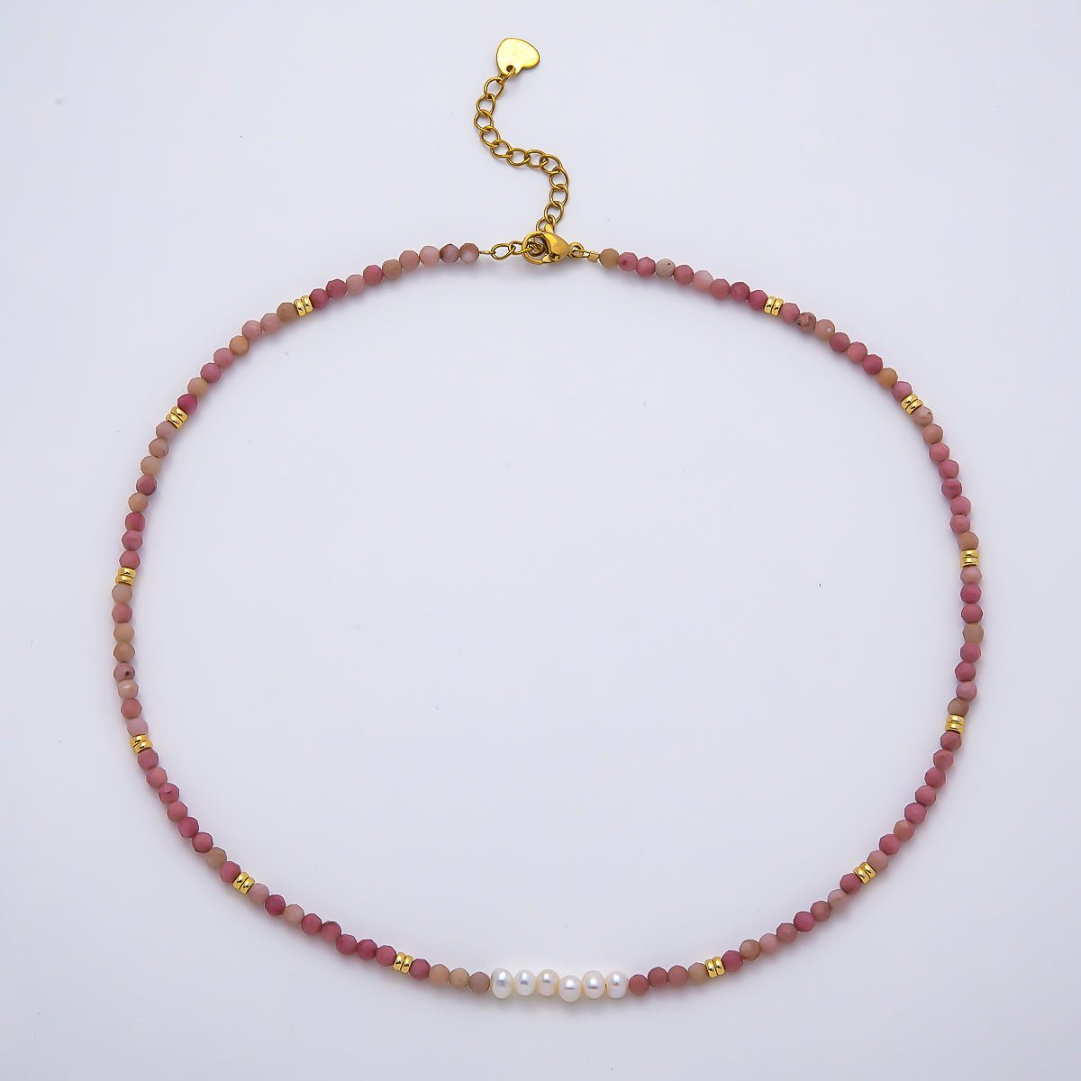 Handmade Stainless Steel 3mm Shell Pearl Rose Quartz Gemstone Chain 15.5 Inch Necklace | WA-04653