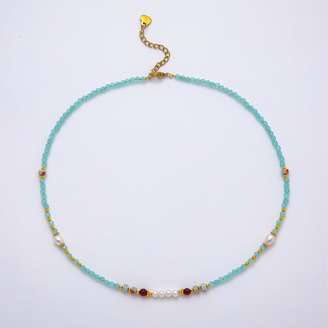 Handmade Stainless Steel 4mm Blue Aquamarine Shell Pearl Gemstone Chain 16 Inch Necklace | WA-04645