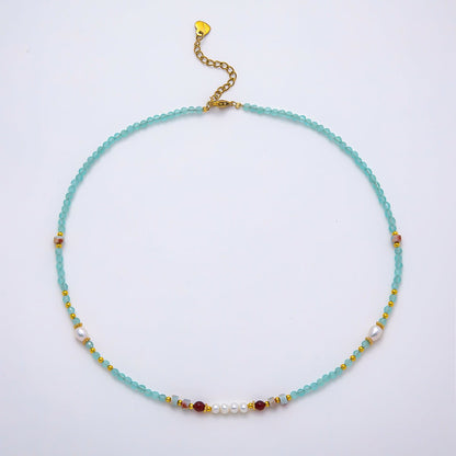 Handmade Stainless Steel 4mm Blue Aquamarine Shell Pearl Gemstone Chain 16 Inch Necklace | WA-04645