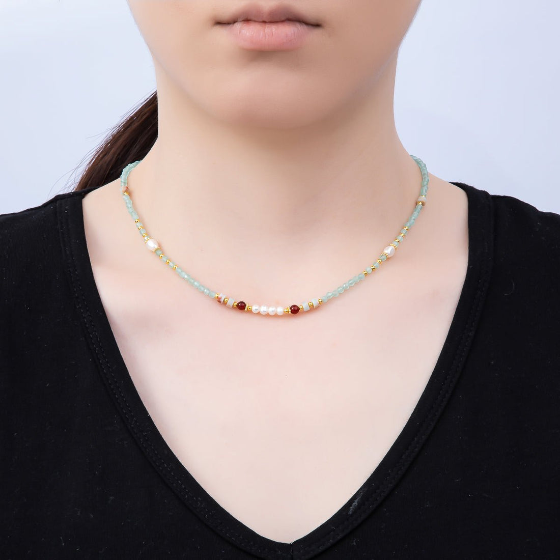 Handmade Stainless Steel 4mm Blue Aquamarine Shell Pearl Gemstone Chain 16 Inch Necklace | WA-04645