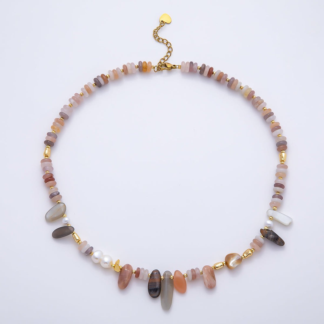 Handmade Stainless Steel 4.2mm Pink Rhodolite Shell Pearl Rondelle Pebble Gemstone Chain 16 Inch Necklace | WA-04728