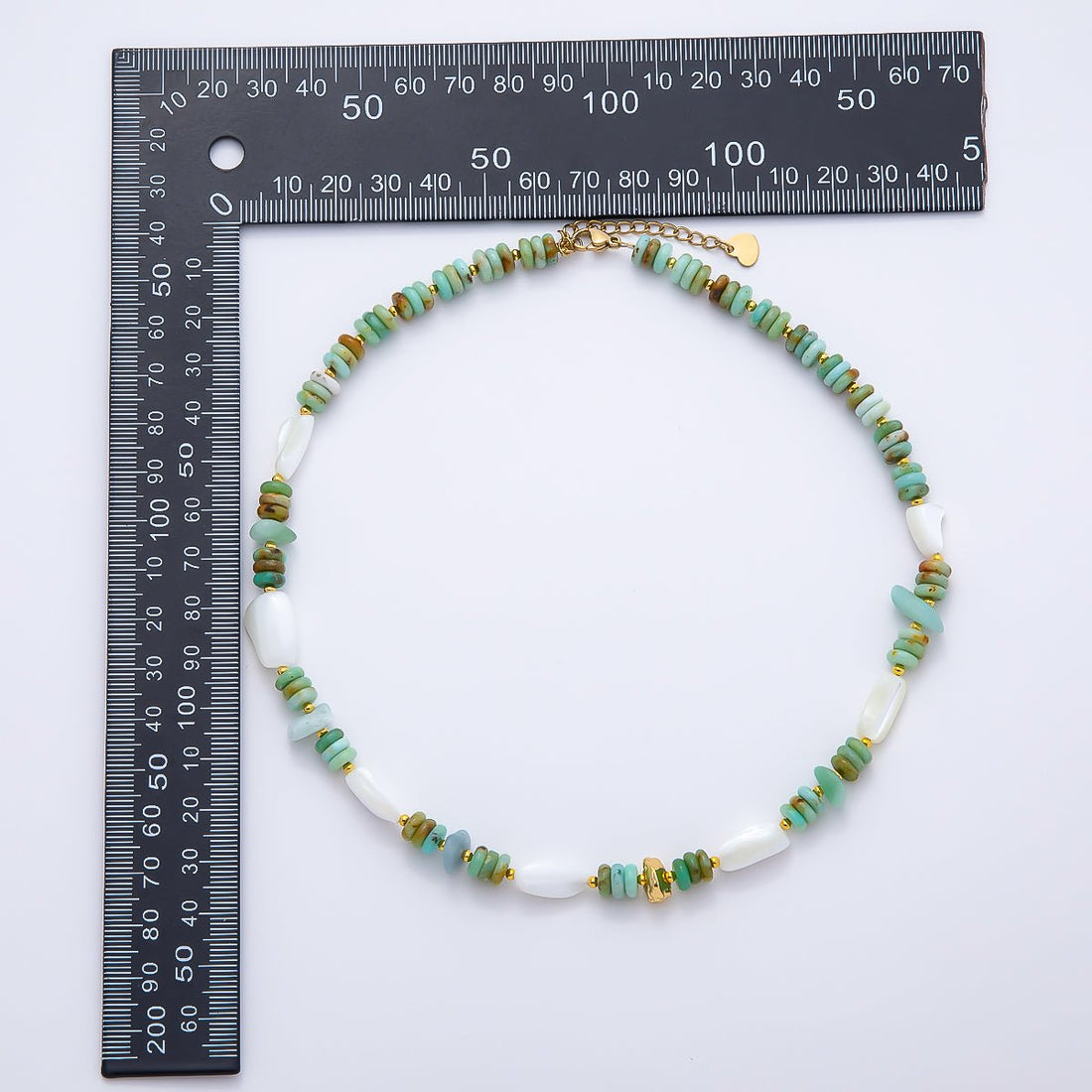 Handmade Stainless Steel 7mm White Shell Pearl Turquoise Rondelle Gemstone Chain 15.5 Inch Necklace | WA-04727