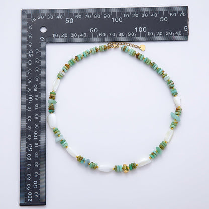 Handmade Stainless Steel 7mm White Shell Pearl Turquoise Rondelle Gemstone Chain 15.5 Inch Necklace | WA-04727