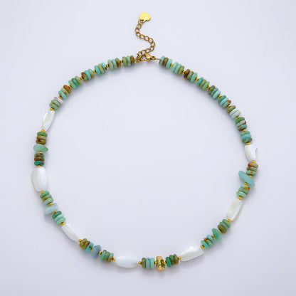 Handmade Stainless Steel 7mm White Shell Pearl Turquoise Rondelle Gemstone Chain 15.5 Inch Necklace | WA-04727