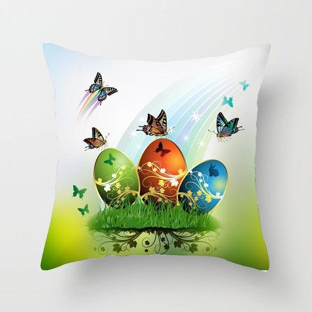 Happy Easter Pillowcase Easter Decorations For Home Party Rabbit Eggs Spring Easter Decor Linen Throw Pillow Cover Case Farmhouse Eggs Tree Rabbit Holiday Cushion Cover Polyester Pillow Cover